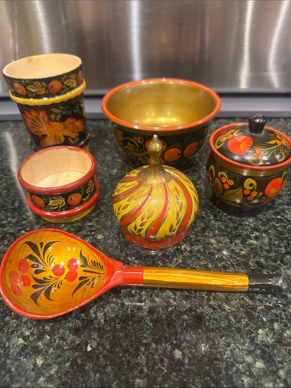 Russian khokhloma vintage Hand-Painted Folk Art Wooden Spoon jar Bowl cup set